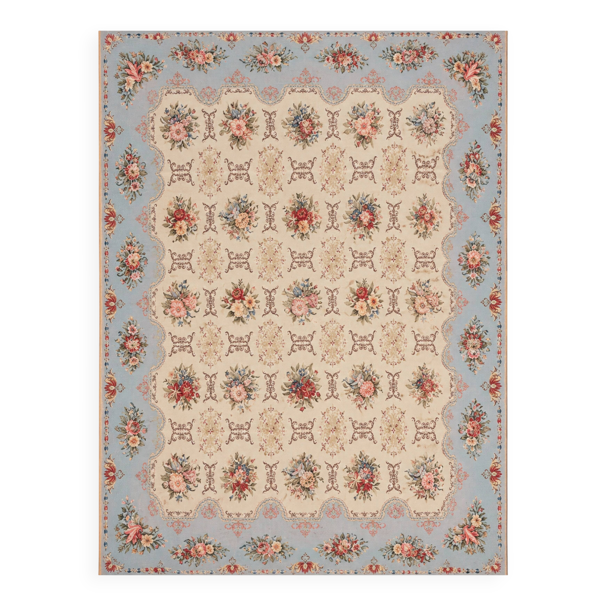 Very Large Aubusson Style Needlepoint Rug 360x470 cm Blue Floral Flatweave Wool
