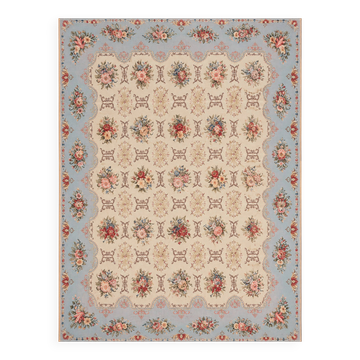 Tapis en aiguille de style Aubusson très grand 360x470 cm tissé à plat en laine florale bleue