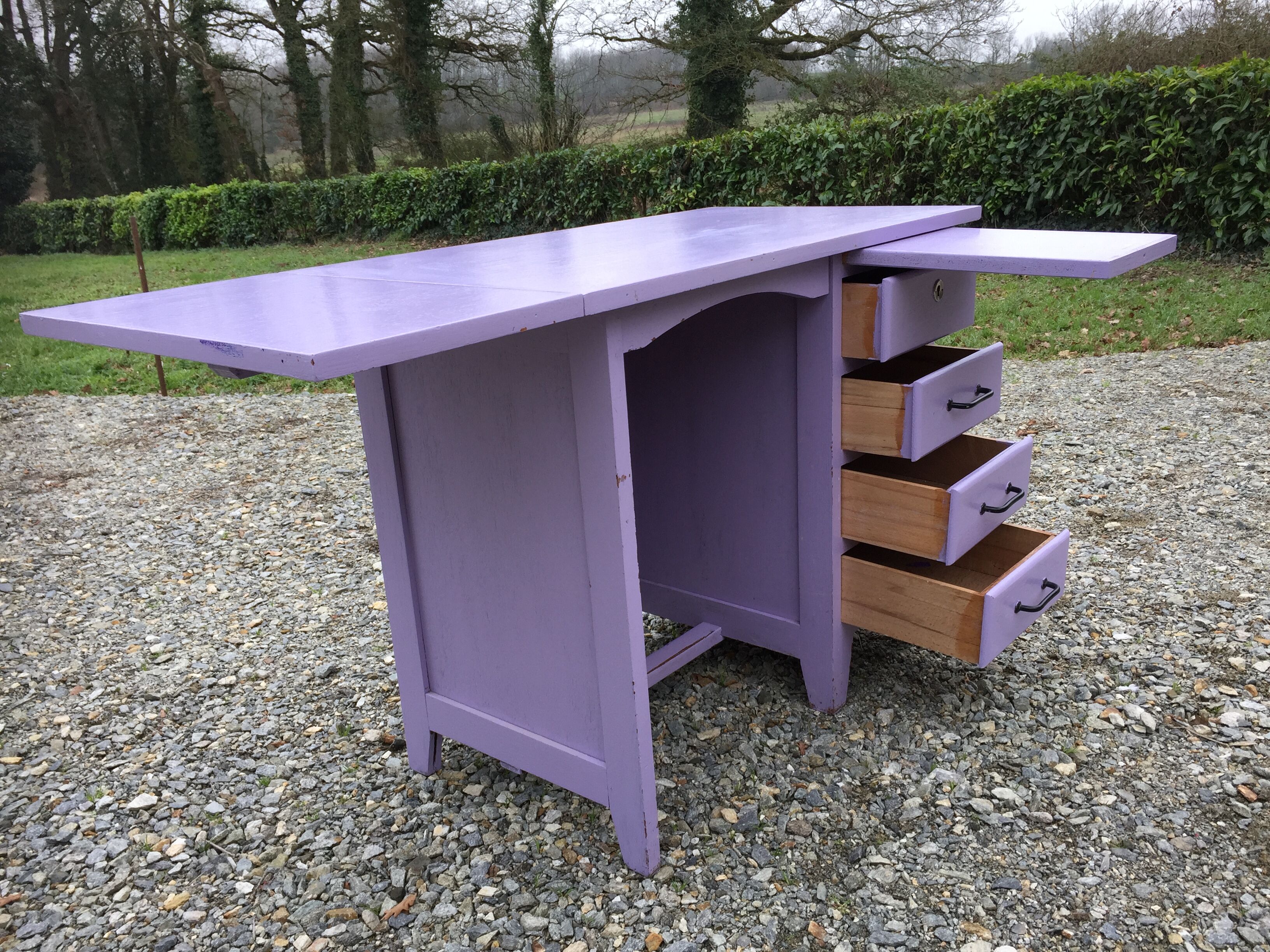 Vintage oak desk with 4 drawers painted in purple.