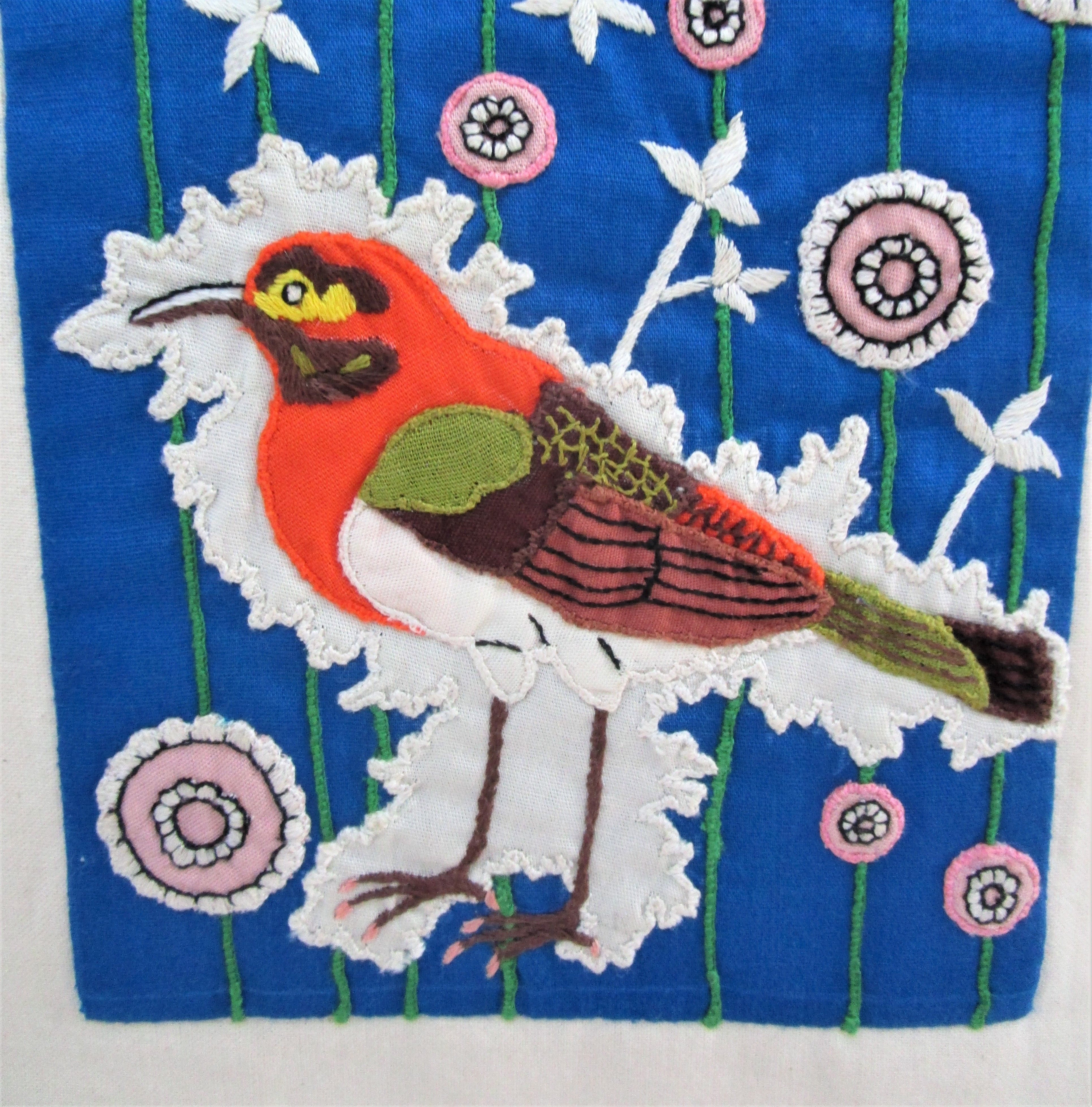 Hand-embroidered blue tapestry decorated with birds and flowers 70s-80s pondicherry