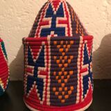 Berber wool and red and blue raffia basket