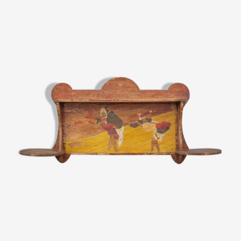 Art nouveau wood shelf, wall shelf with asian scene, antique shelf, interior decoration