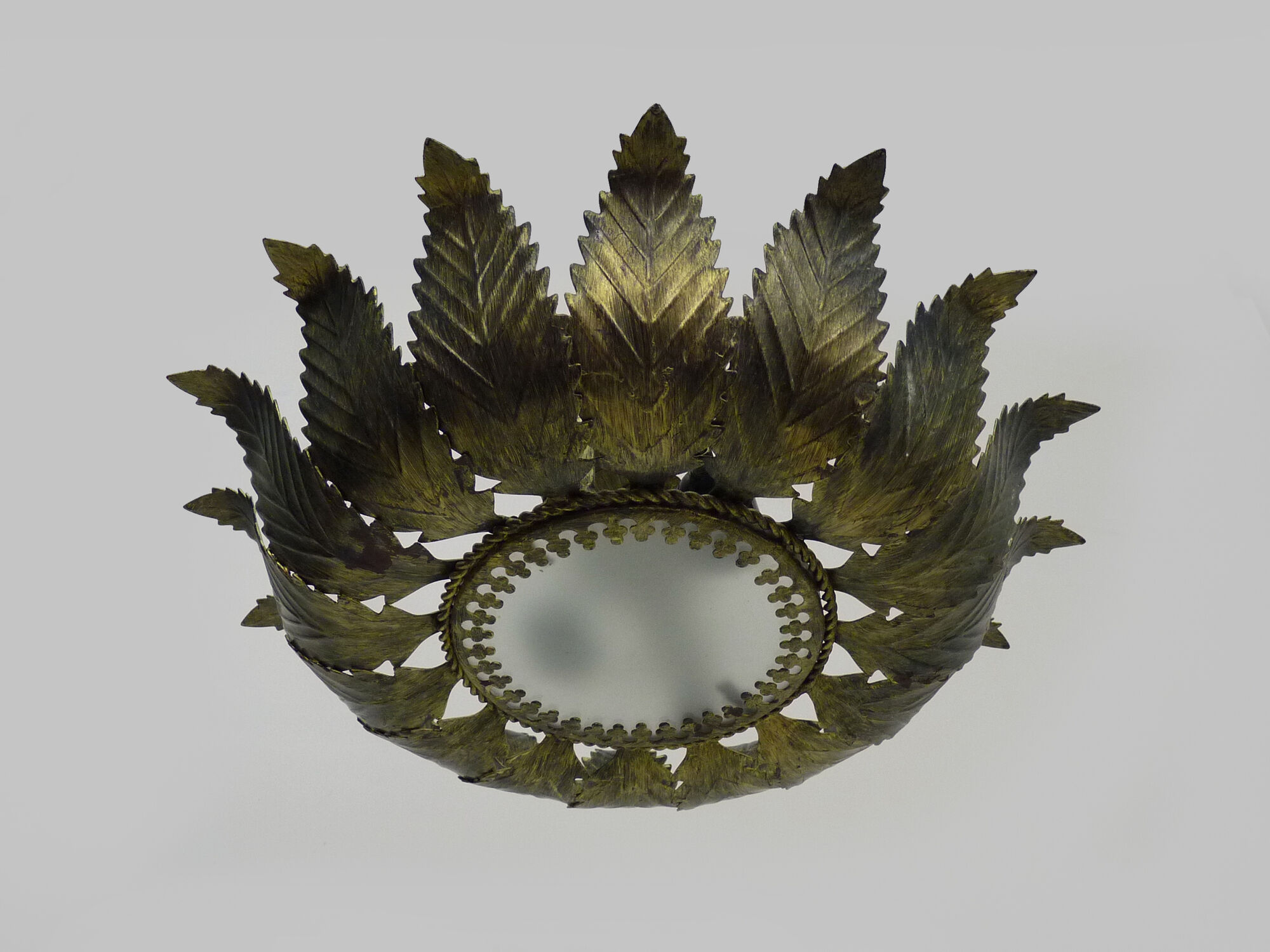 Sun ceiling lamp, double light gilded metal foliage, year 70