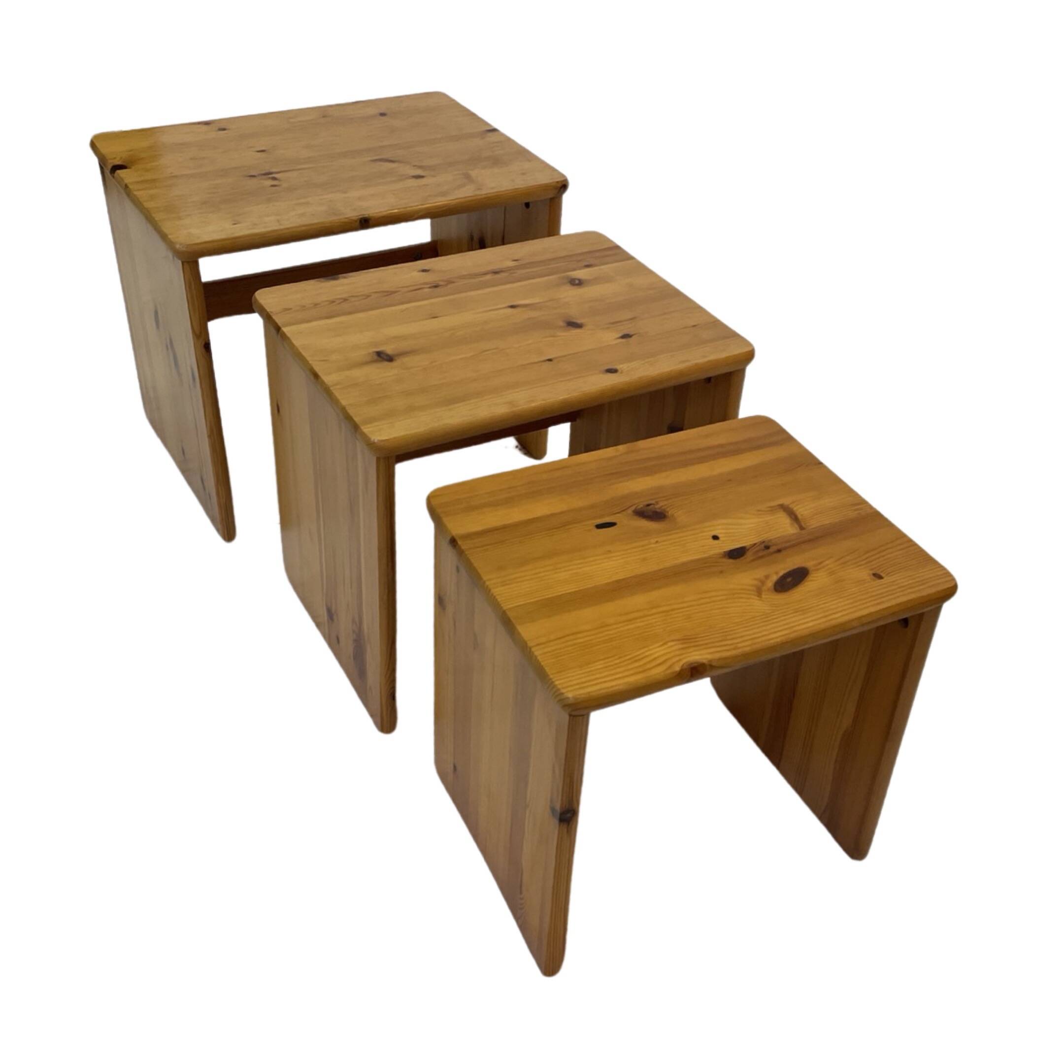Tables gigognes vintage en bois de pin, tables d'appoint mimiset, lot de 3
