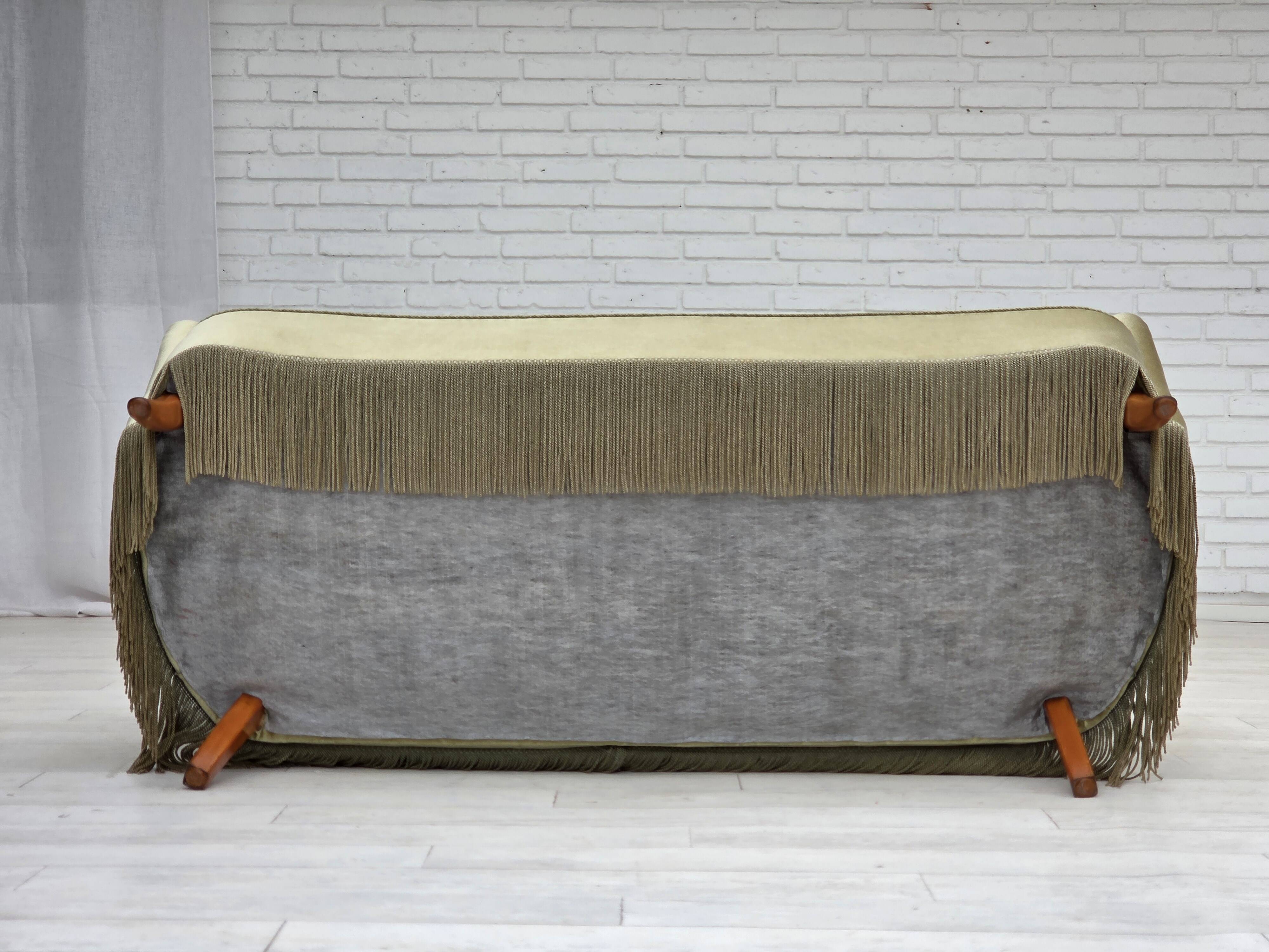 1960s, Danish 2-seater sofa, green furniture velour, beech wood legs.