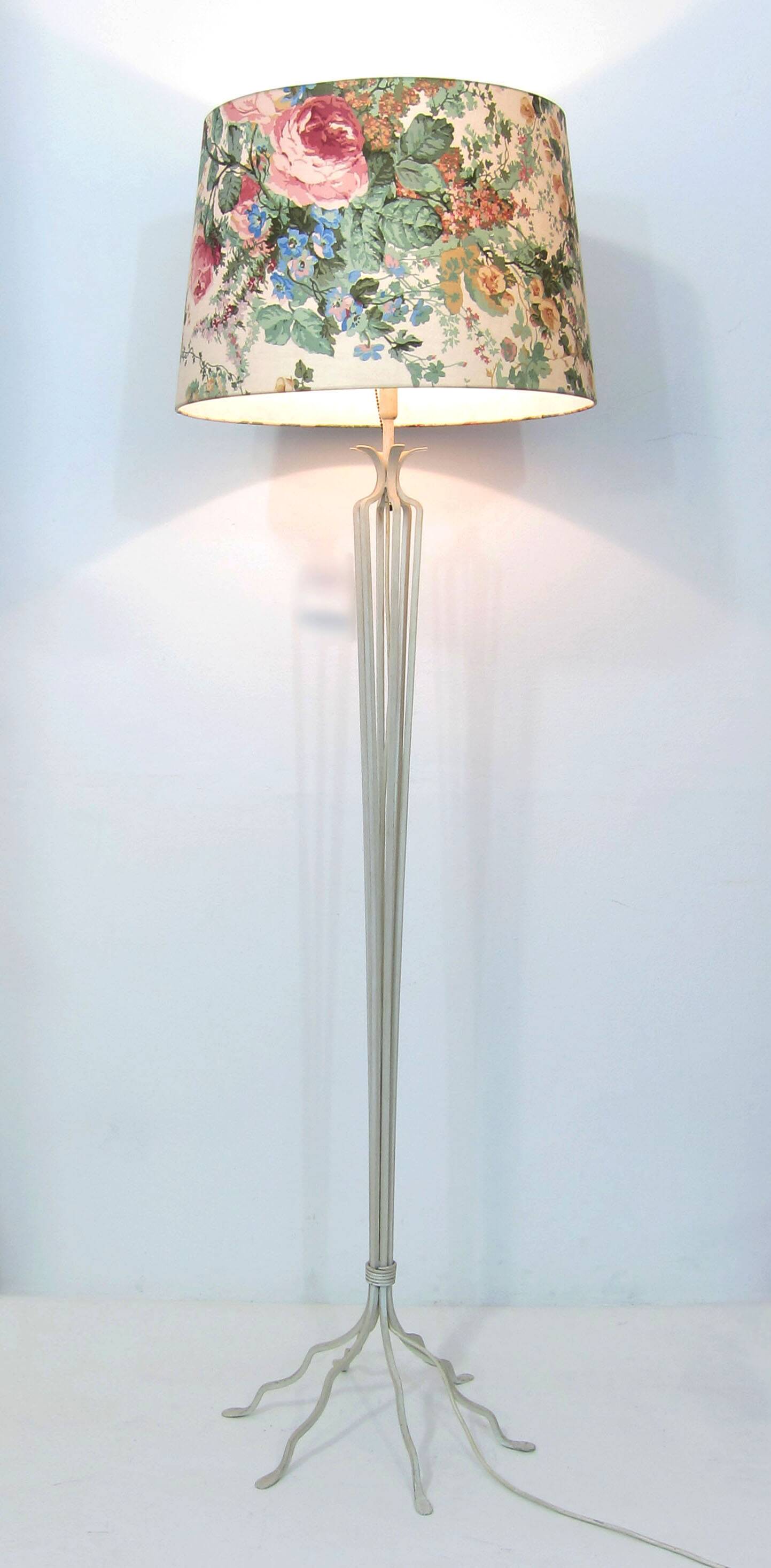 950s French Wrought Iron Decorative Floor Lamp with Flower Shade