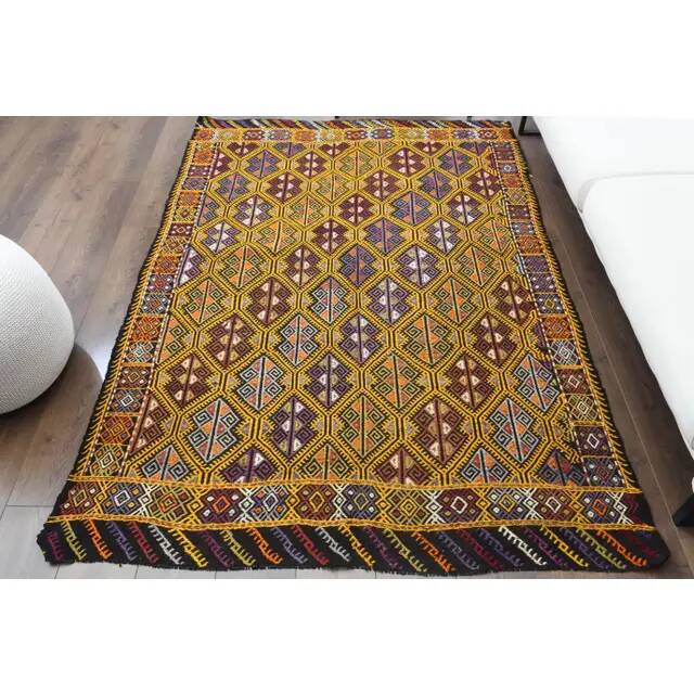 Vintage Turkish Oushak Handmade Wool & Cotton Yellow Area Rug 155x223
