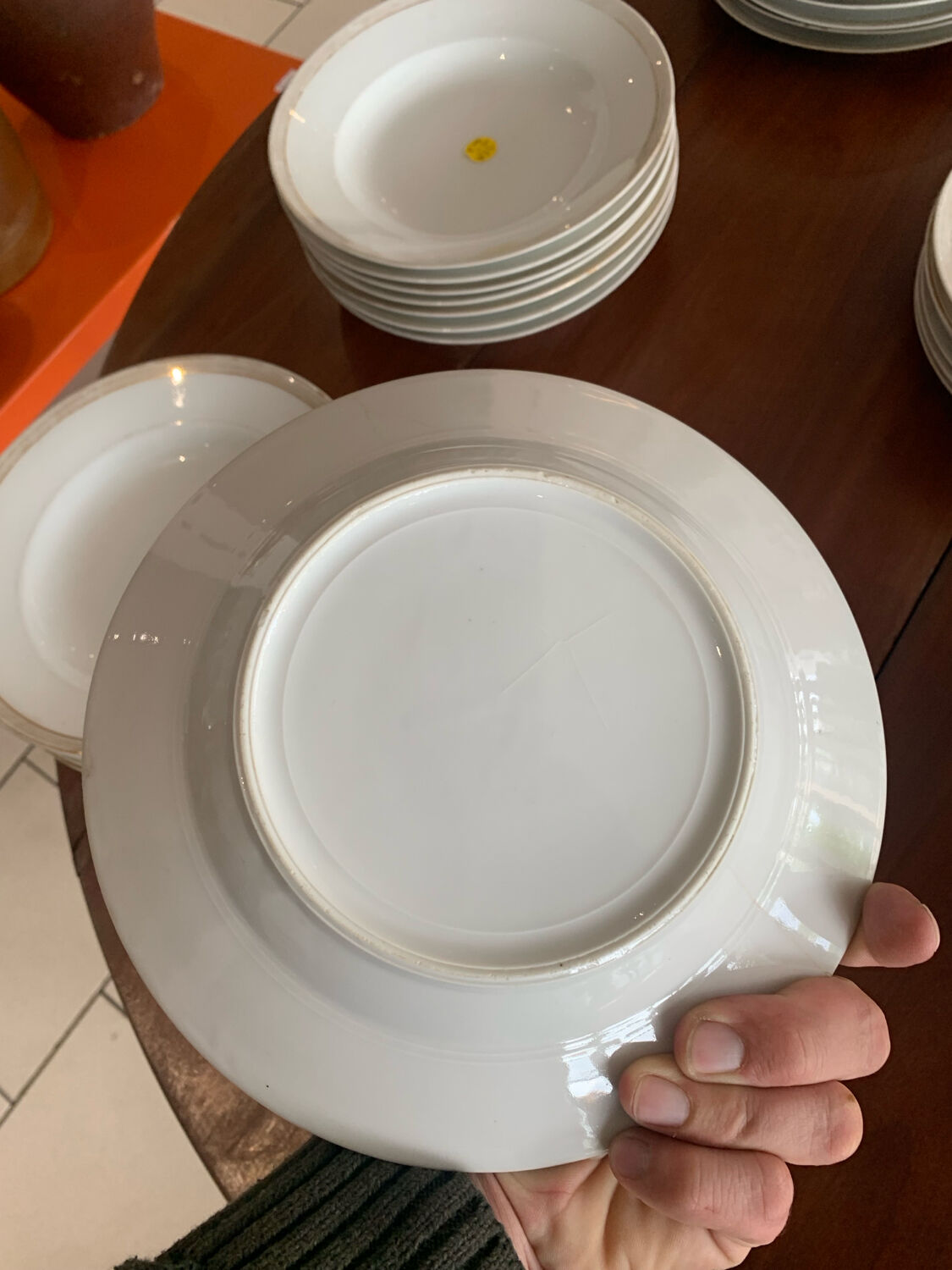 Lot of six soup plates, old, crockery, white, gilded