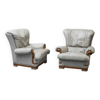 Pair of vintage armchairs in grey leather and wood, 1950s modernism