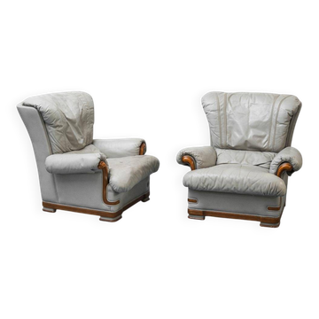 Pair of vintage armchairs in grey leather and wood, 1950s modernism