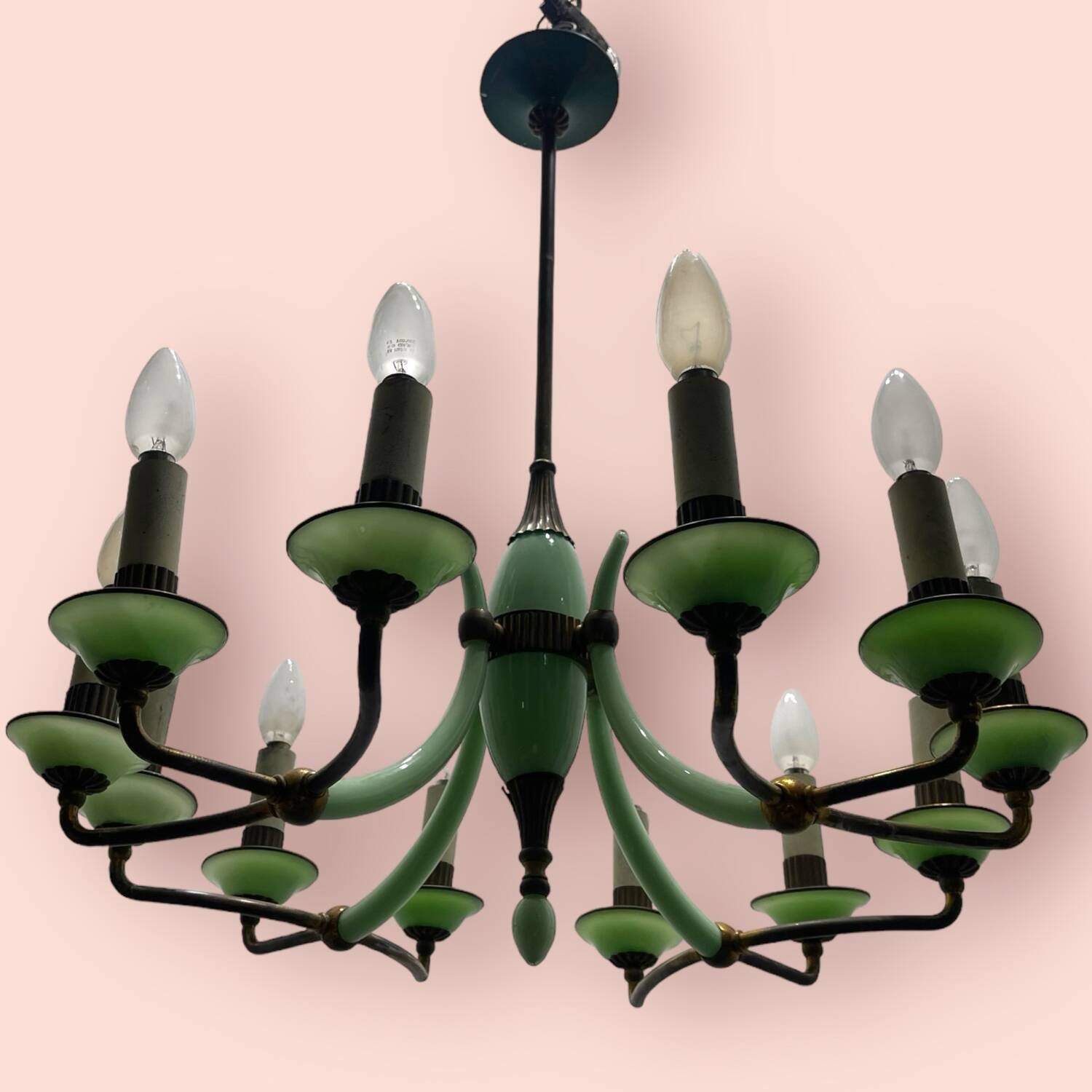 1950’s Opaline Glass Bronze Chandelier