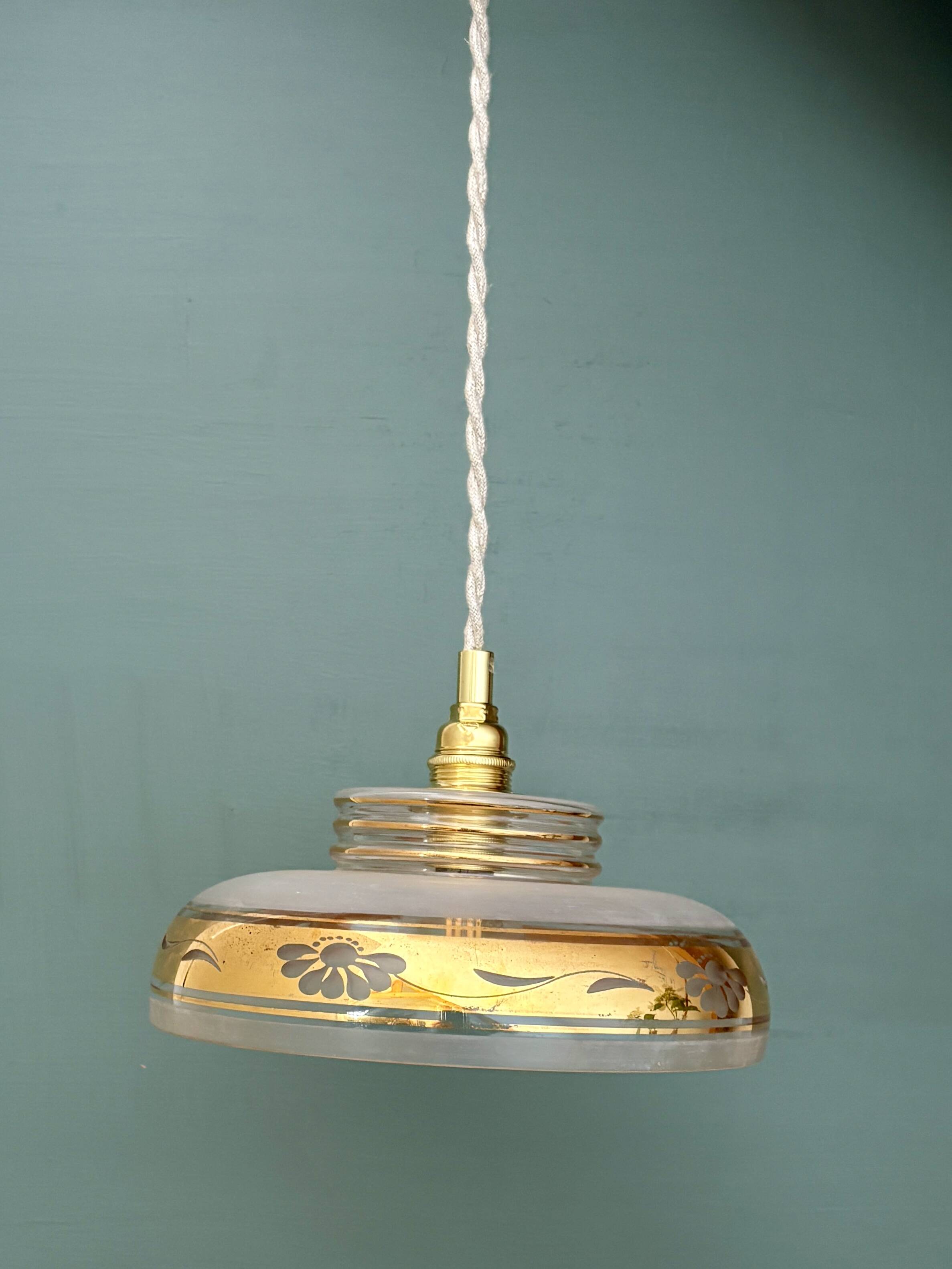 Vintage frosted glass pendant lampshade with gold frieze