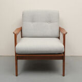1960s armchair in cherrywood, light grey with green cushion