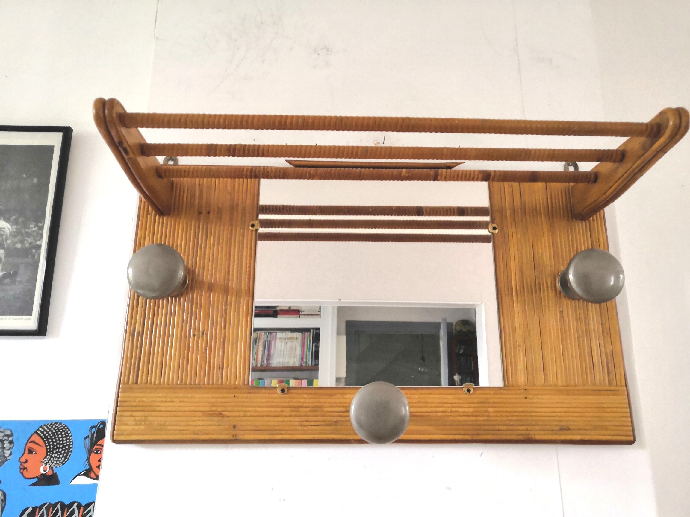 Wardrobe wall coat holder in rattan and steel design 50s - 60s