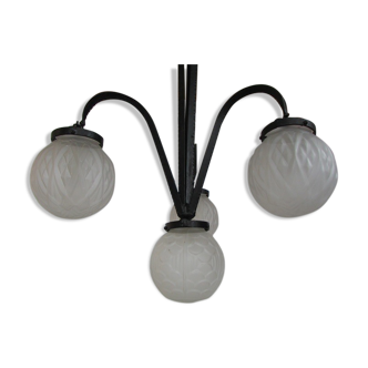 Art Deco chandelier in wrought iron and glass