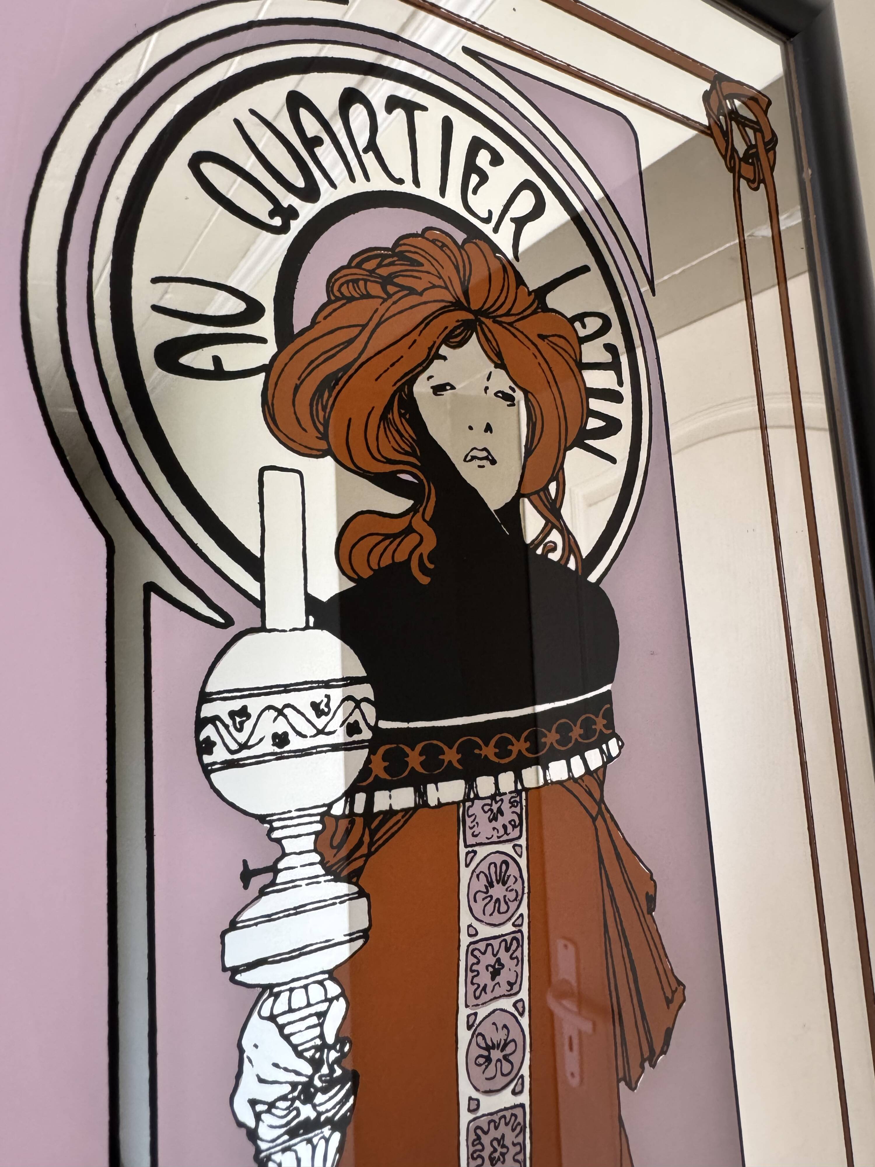 Vintage Alphonse Mucha Art Nouveau Mirror | Framed “Au Quartier Latin”