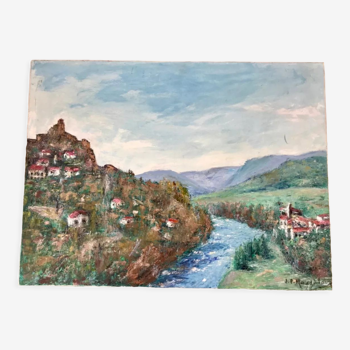 Tableau huile sur toile paysage Haute-Loire signé années 40-50