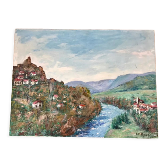 Oil painting on canvas landscape Haute-Loire signed years 40-50