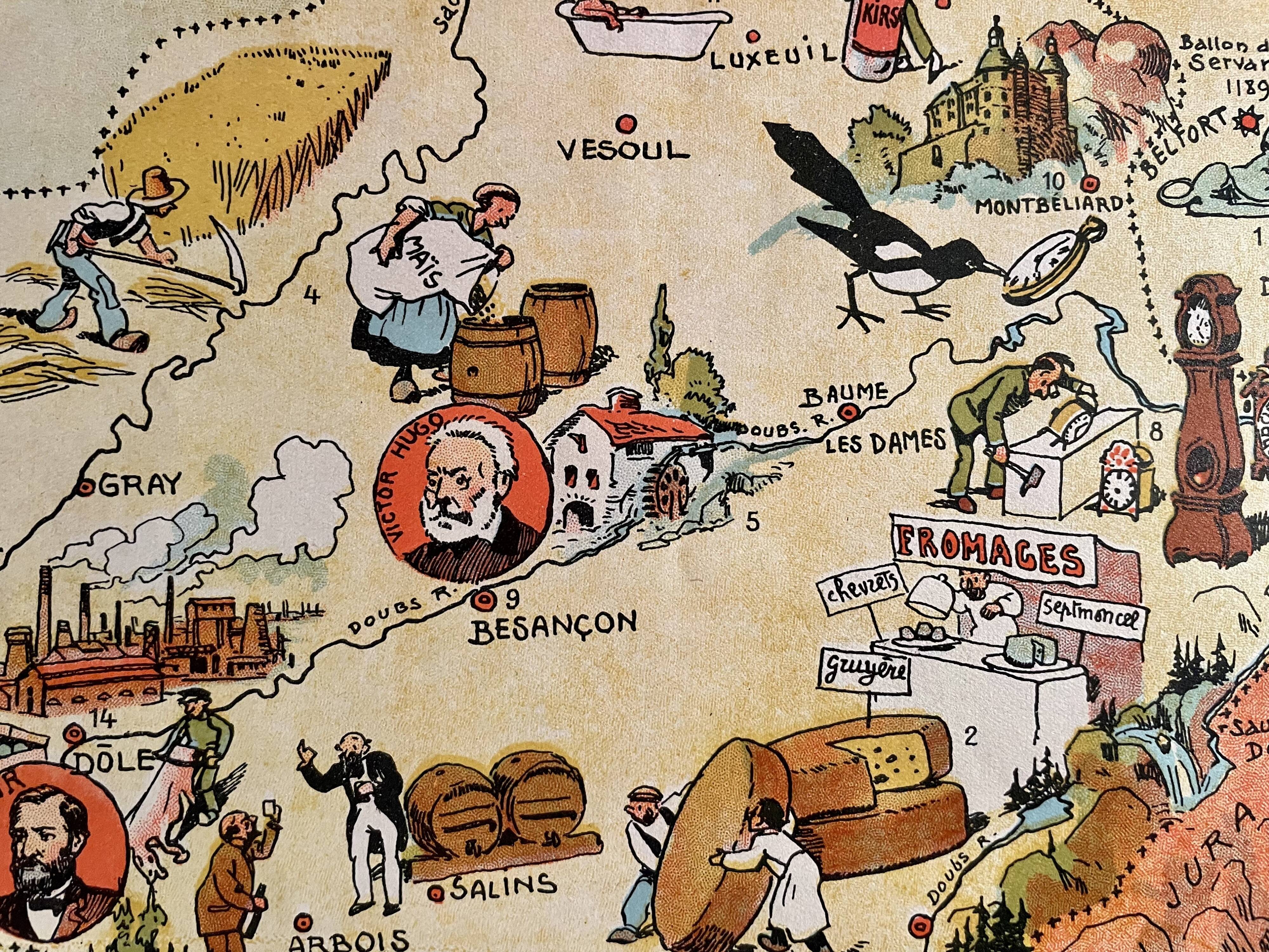 Old poster map of Franche Comté 1946 - JP Pinchon