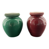 Pol CHAMBOST (1906-1983), Meeting of 2 small ovoid vases with hemmed edges in green/red earthenware