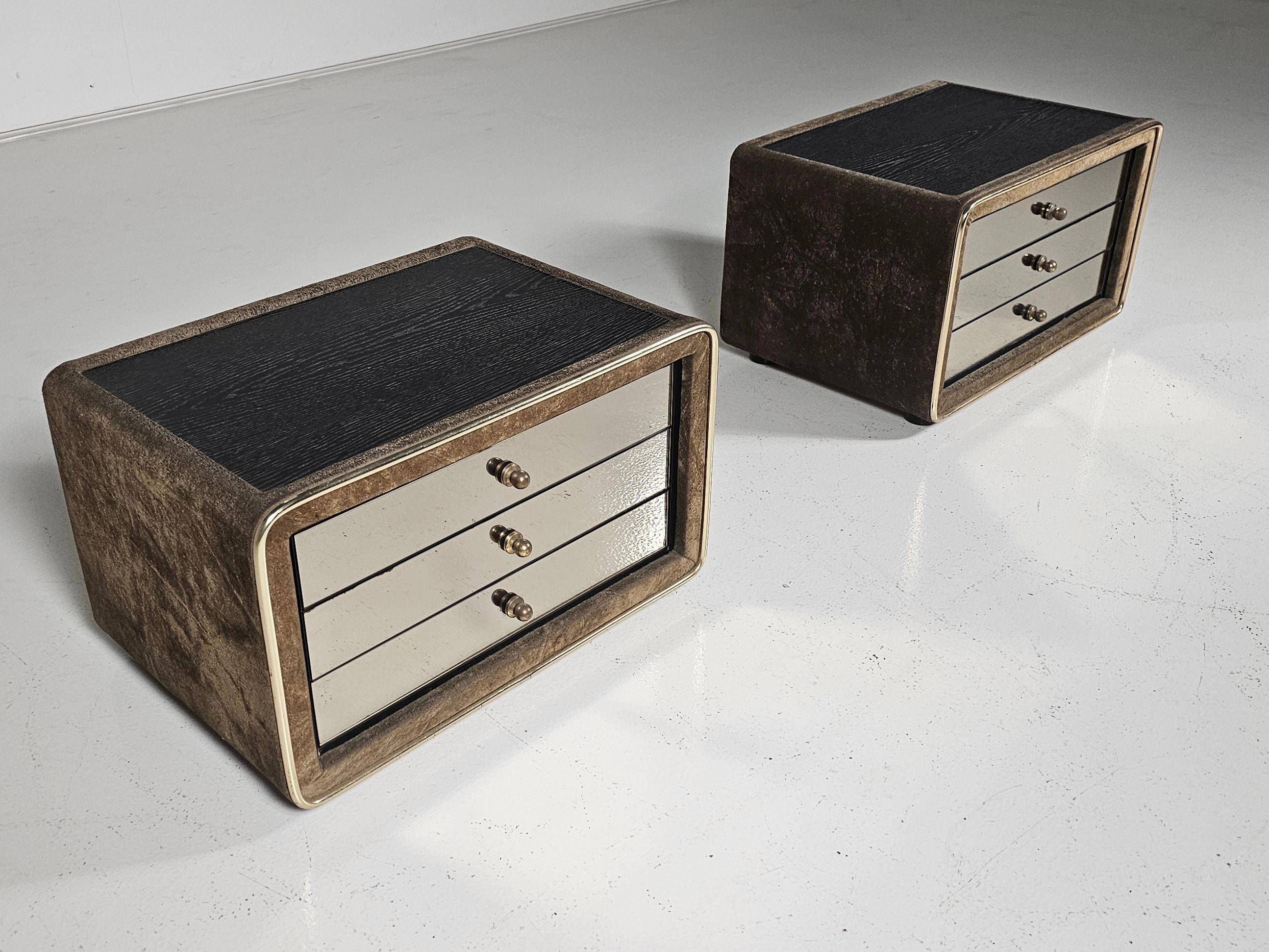 Pair of brass and suede bedside tables by RUF International, 1970.