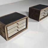 Pair of brass and suede bedside tables by RUF International, 1970.