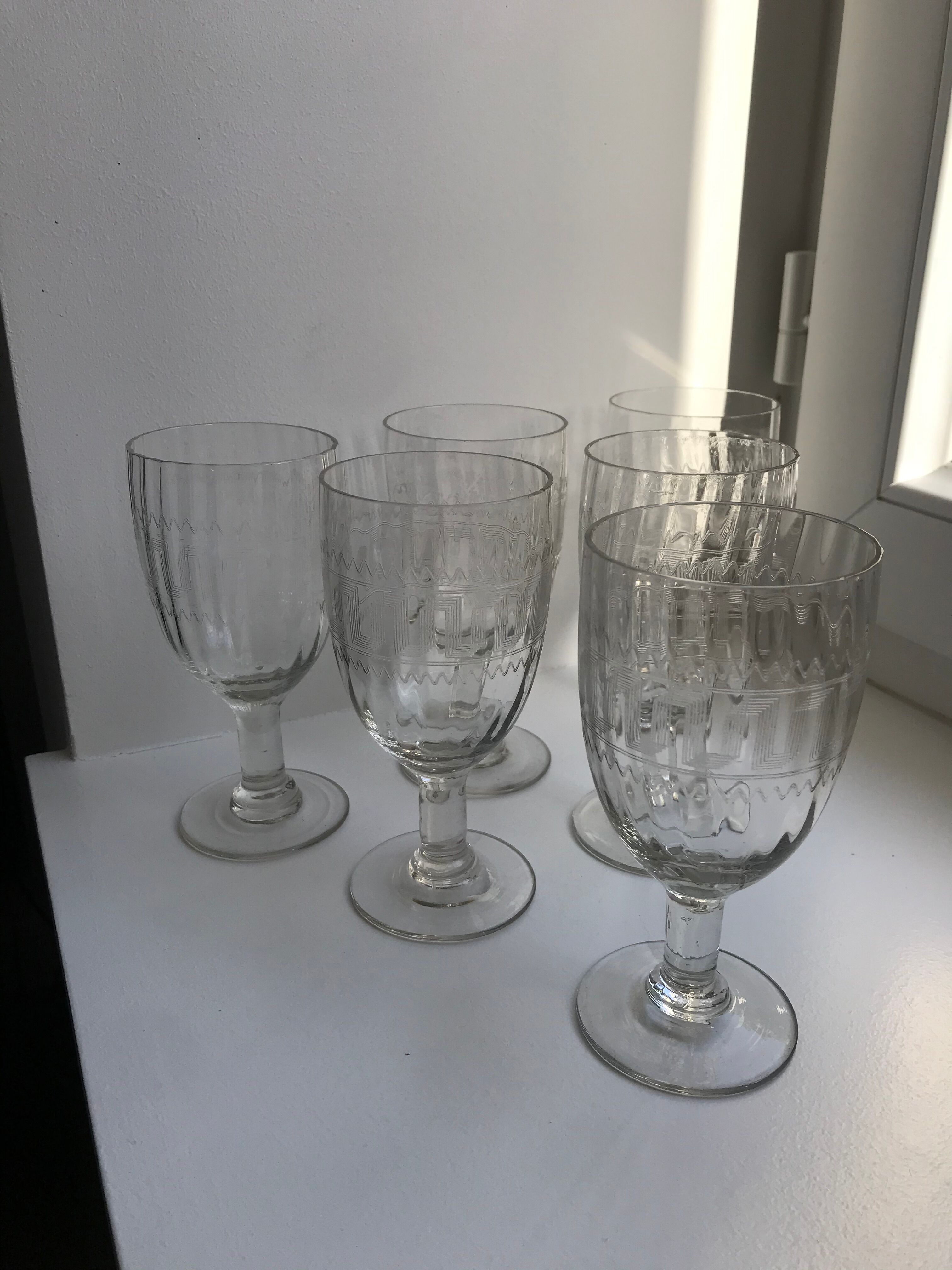set of 6 large crystal wine glasses engraved early twentieth century