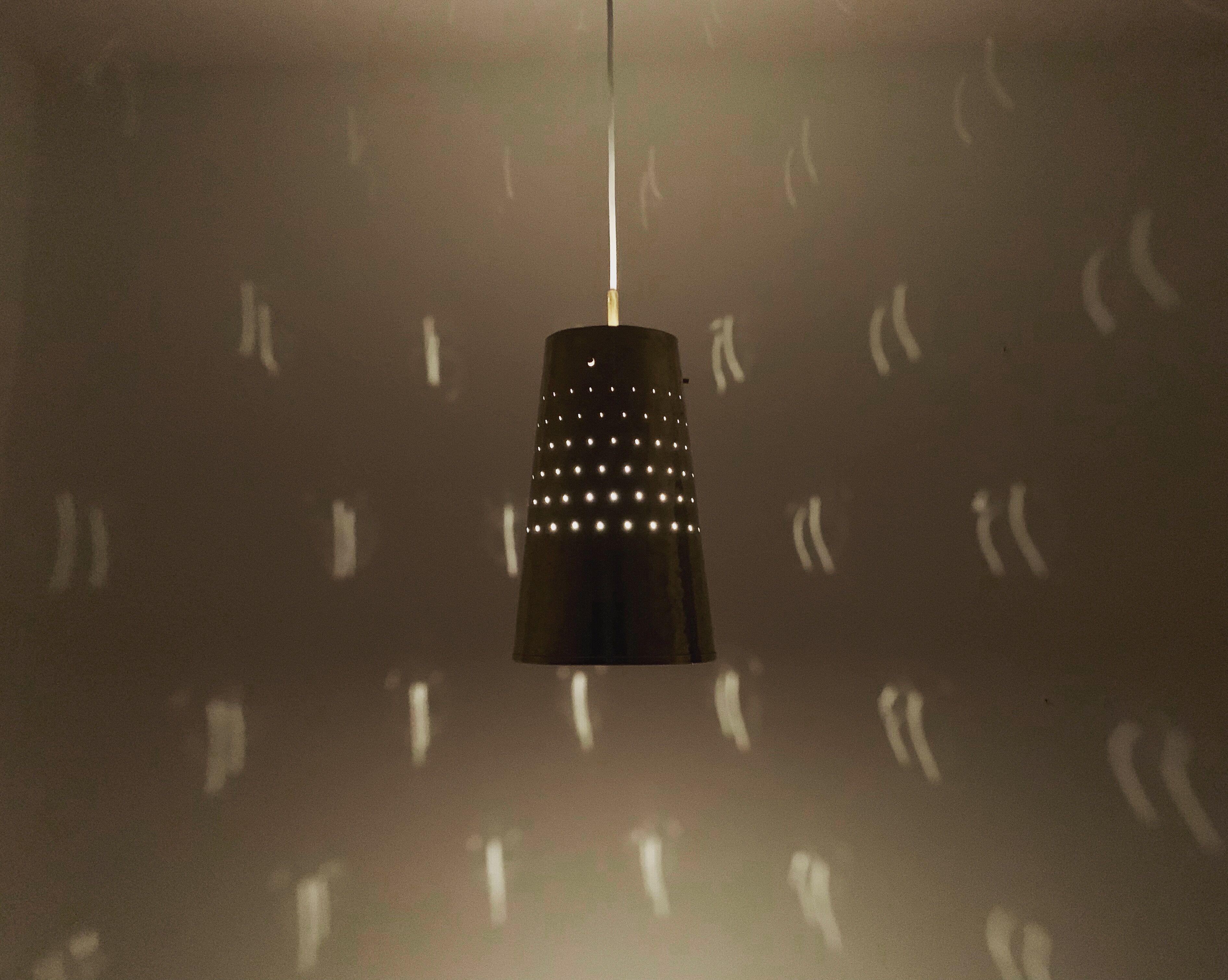 Set of 2 large Mid Century Modern perforated brass pendant lamps