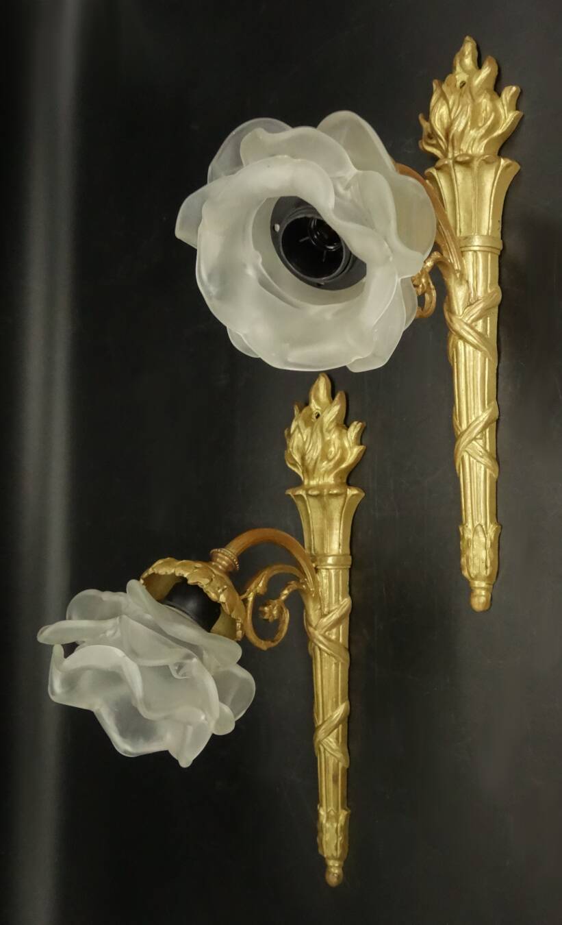 Pair of single-light wall sconces in the Louis XVI torch style - gilded bronze