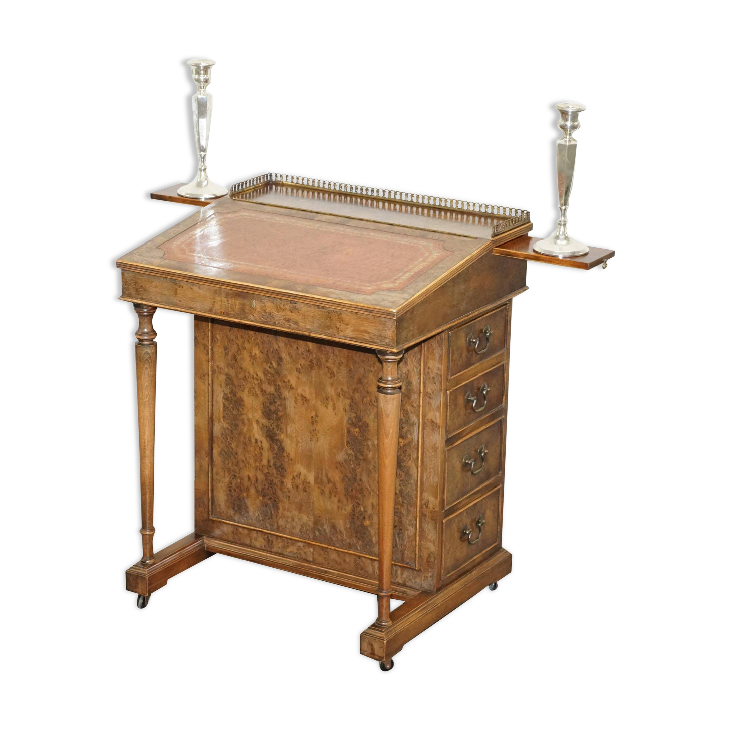 Davenport desk in walnut with leather and vintage brass gallery.