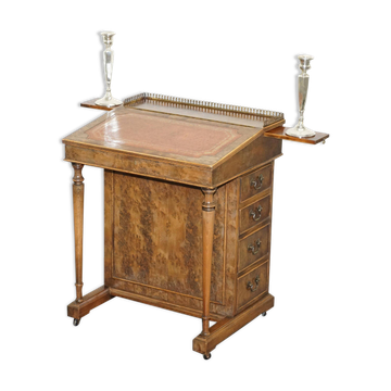 Davenport desk in walnut with leather and vintage brass gallery.