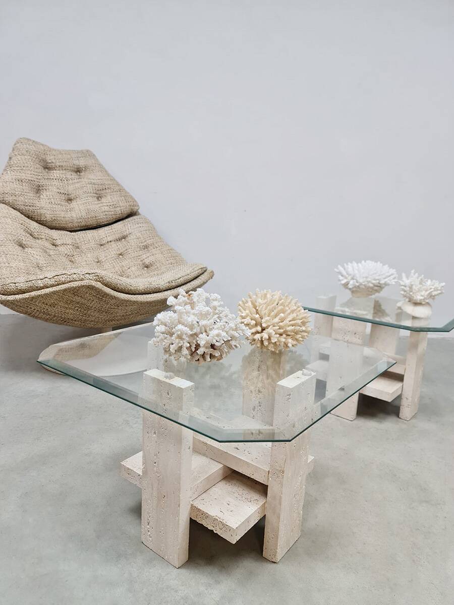 Vintage set travertine coffee tables 1970s
