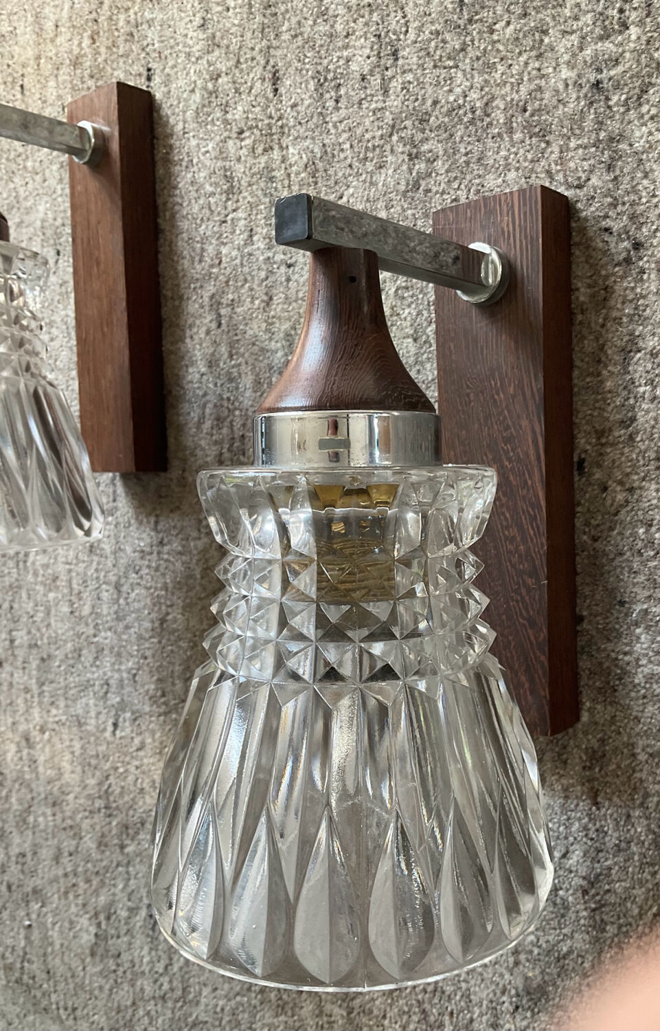 Pair of 60s teak and molded glass sconces
