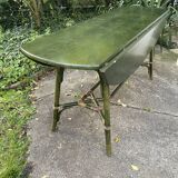 Large vintage oval drop leaf table in green lacquered bamboo rattan 158/106