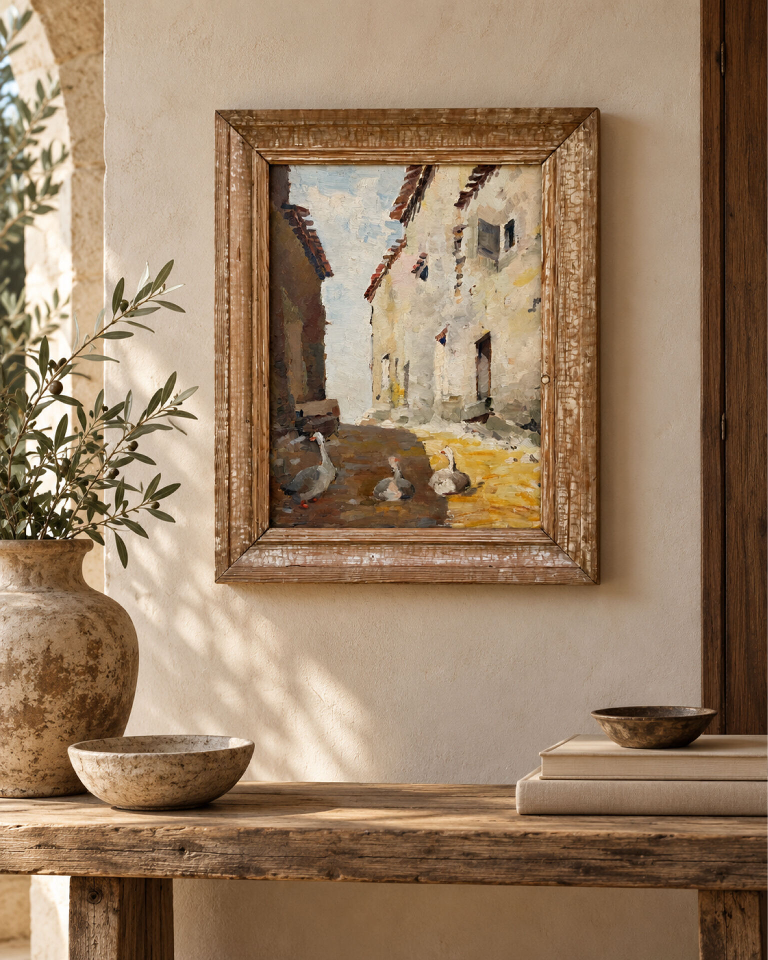 Oil on double-sided panel with geese, signed Robert, dated 1930.