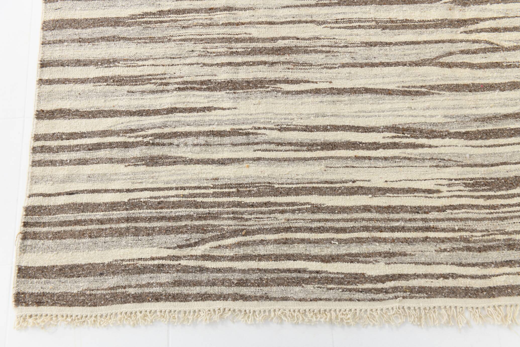 8x10 Beige & Light Brown %100 Wool Handmade Striped Kilim Rug, 232x291 Cm