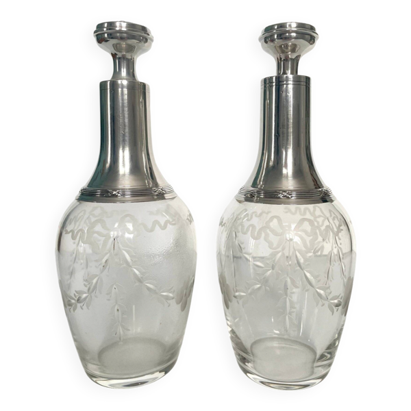 Paire de carafes en cristal et argent - début du XXe siècle