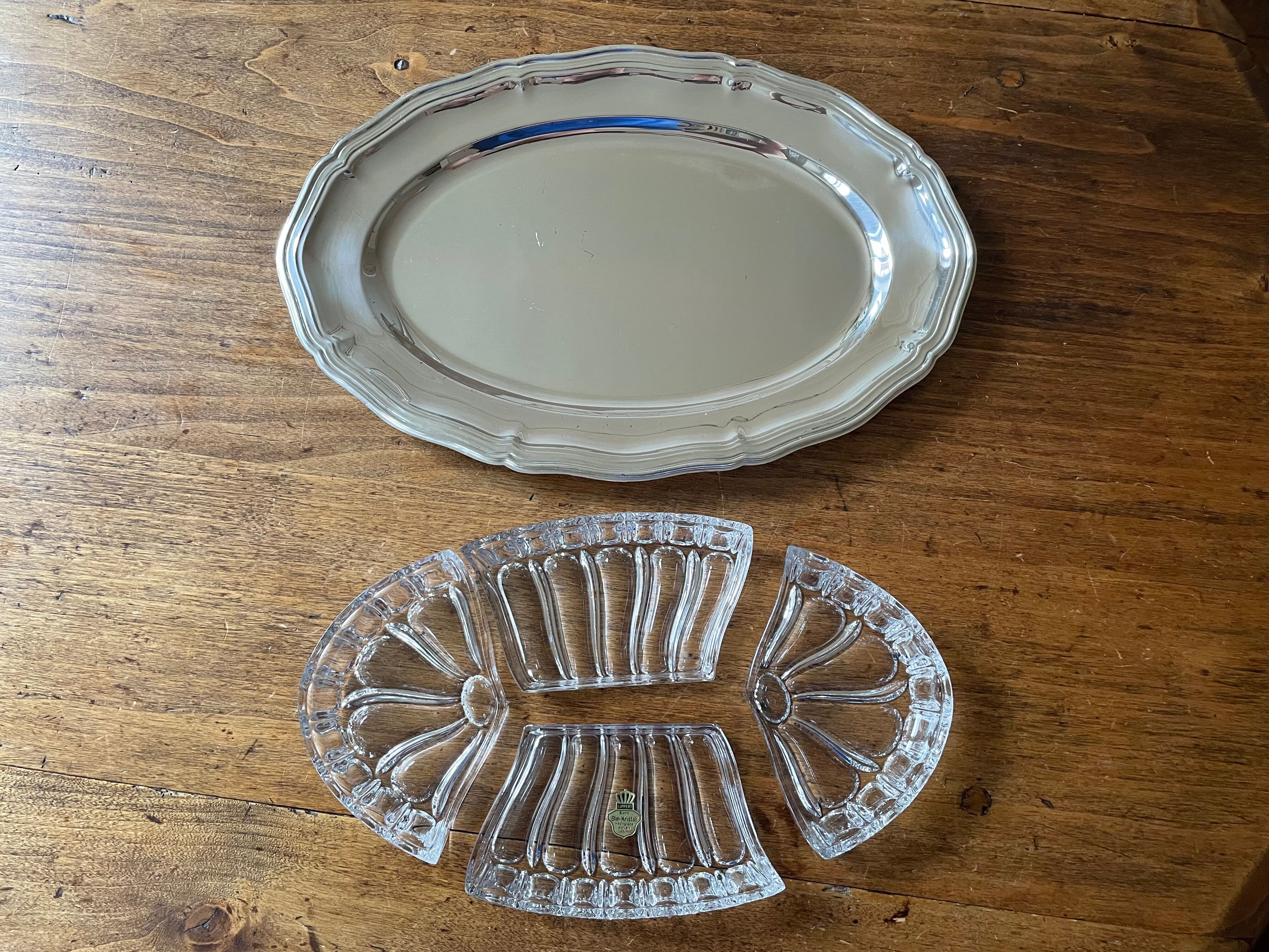 Antique serving dish, aperitif, starters, in Lippert crystal and metal