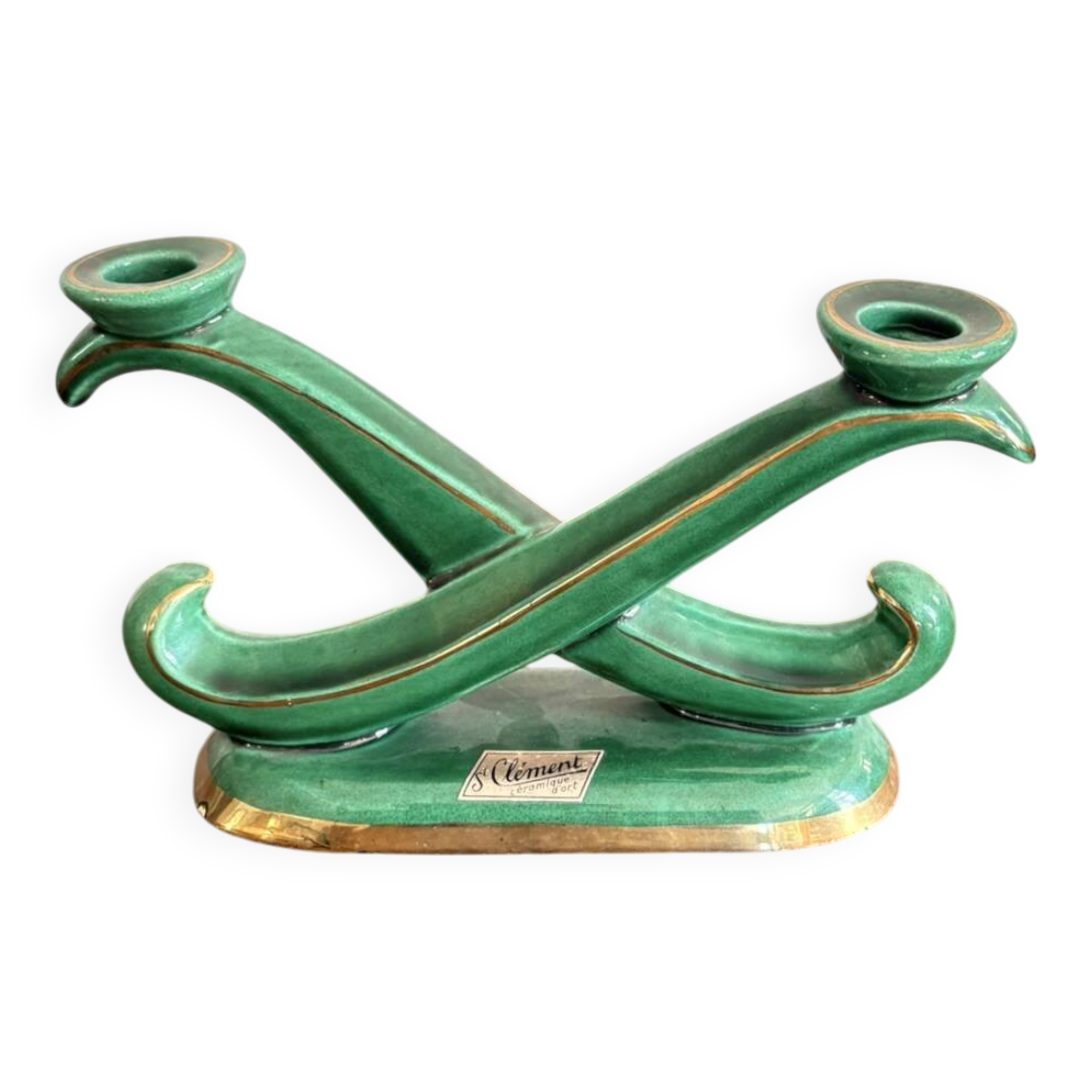 Antique Candle Holder Chandelier 2 Arms Saint Clément Glazed Green Ceramic