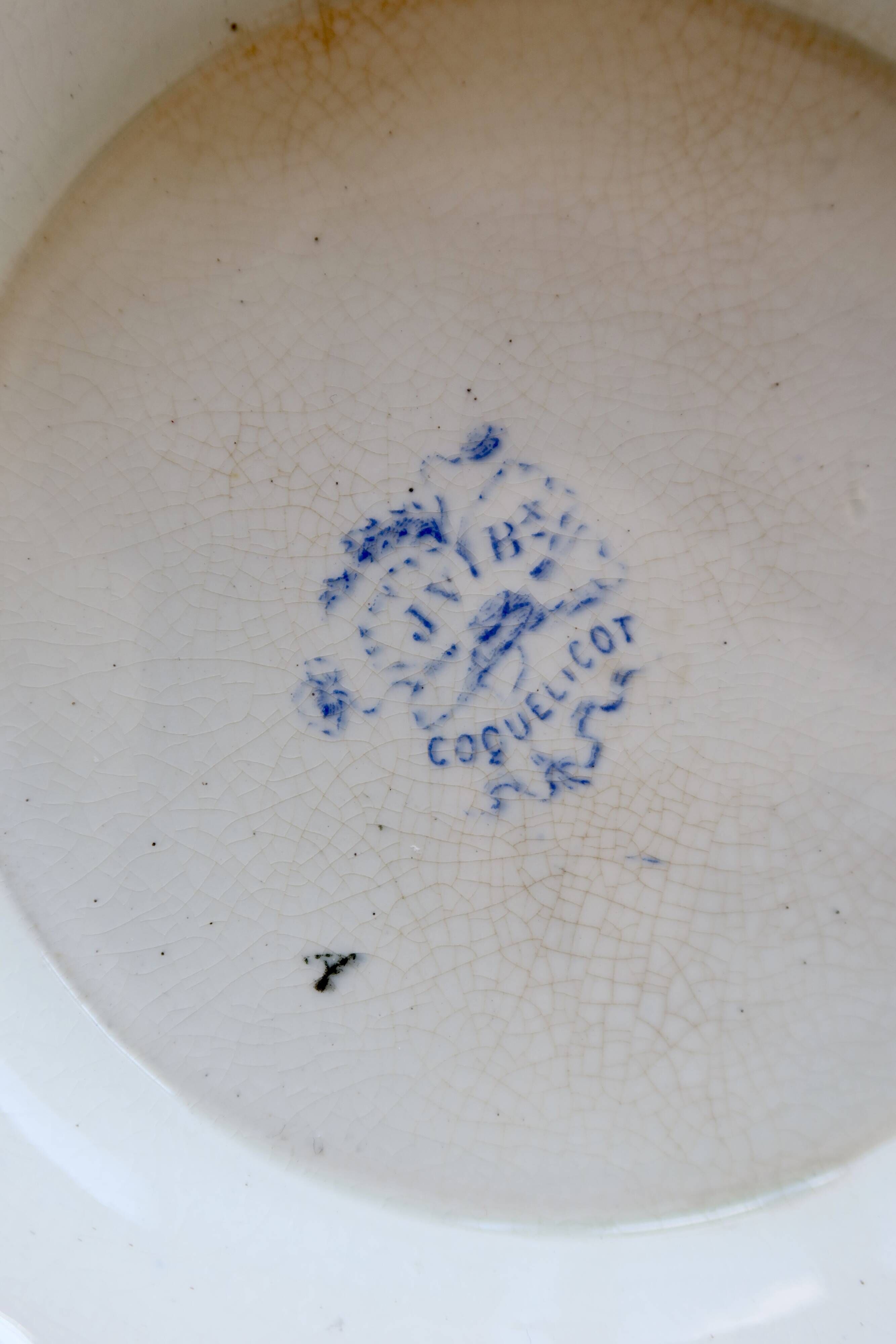 Antique compote dish, ironstone, Jules Vieillard, Bordeaux, blue poppy.