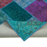 Handwoven oriental overdyed 200 cm x 295 cm blue patchwork carpet