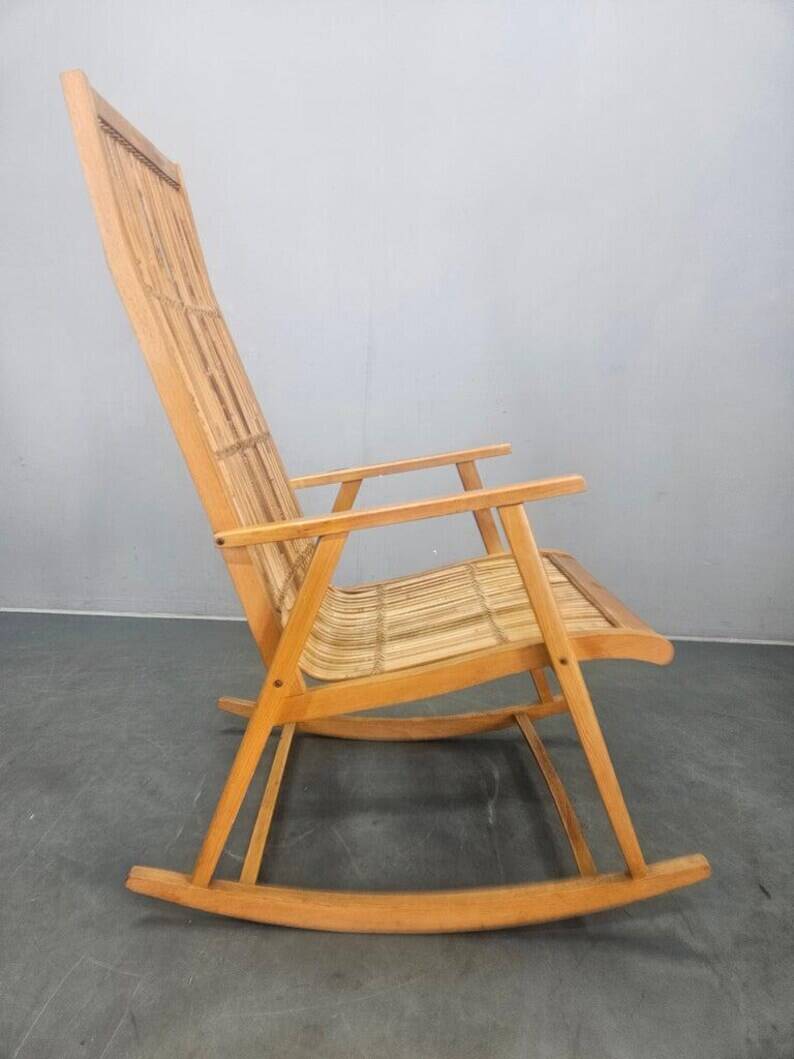 Rare Midcentury Wood and Rattan Rocking Chair, Denmark, 1960s