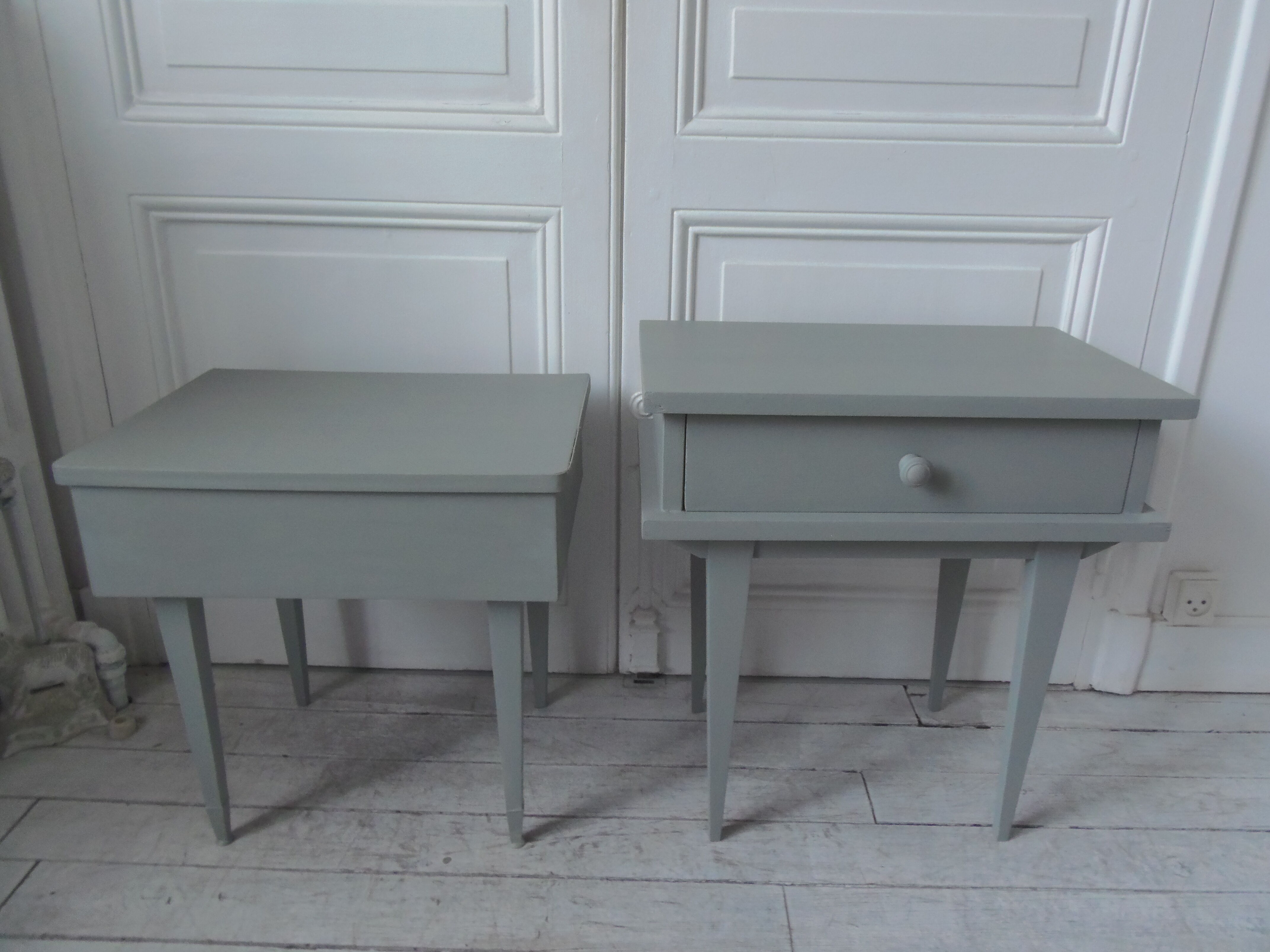 Duo of bedside tables, mismatched vintage sofa ends green of gray