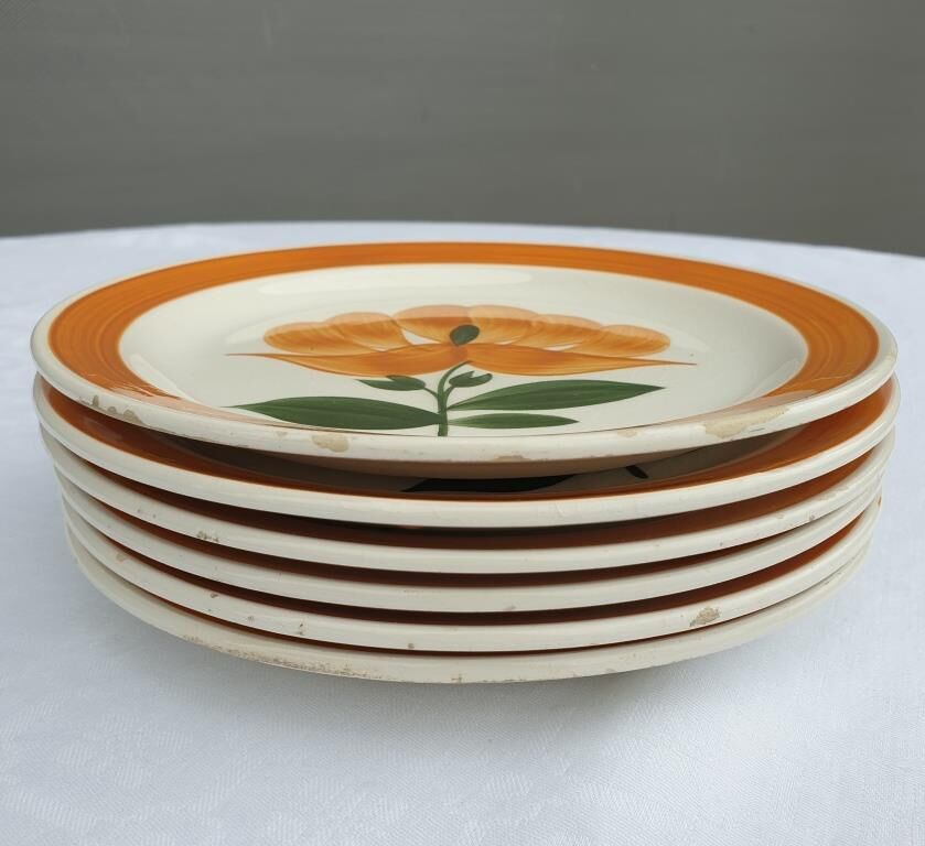 Set 6 plates Gien orange flower 1970 hand-painted decoration