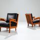 Pair of Belgian lounge chairs in solid oak with leather cushions