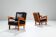 Pair of Belgian lounge chairs in solid oak with leather cushions