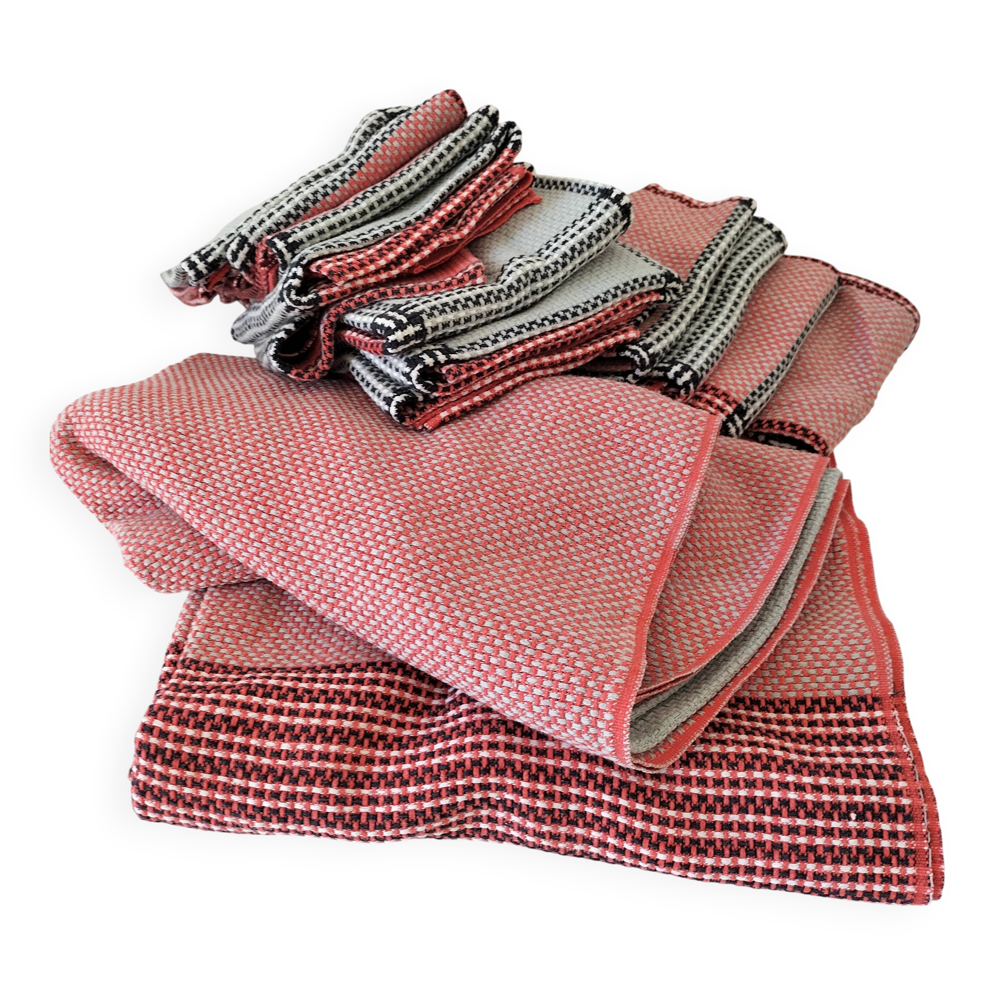 Coral and grey tablecloth and 12 napkins, retro Scandinavian style, 1960s