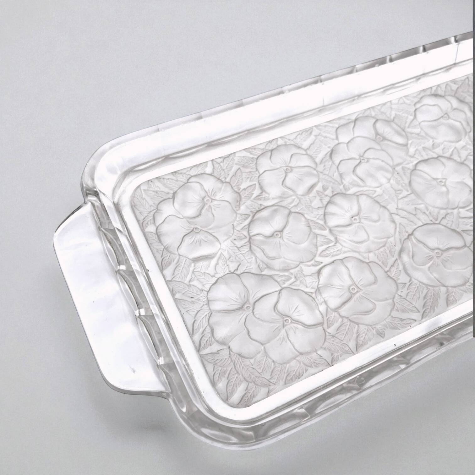 Plateau de service Art Déco en verre - fleurs pensées Vallerysthal Portieux
