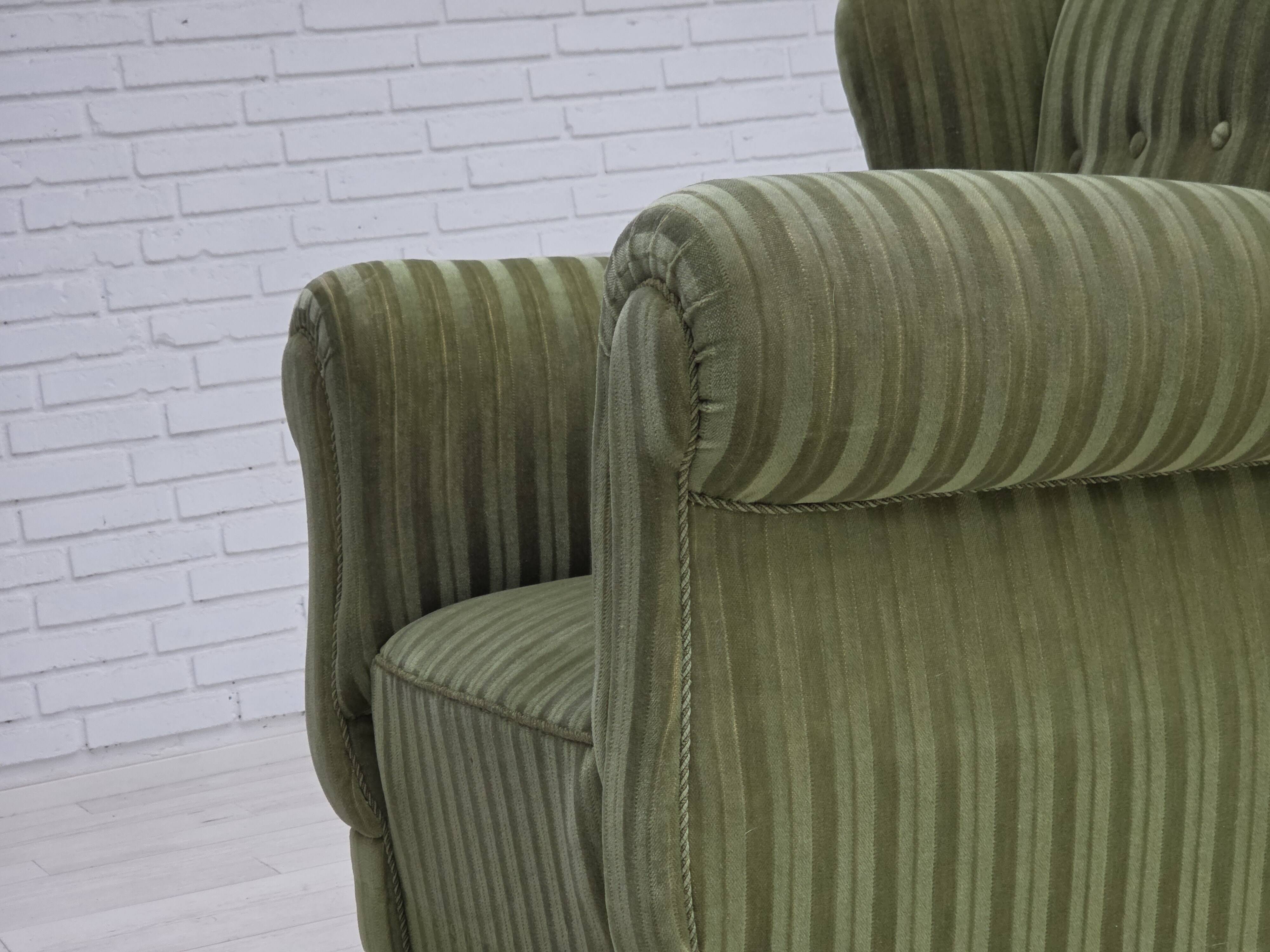 1950s, Danish relax armchair, green furniture velour fabric, ash wood legs.
