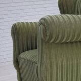 1950s, Danish relax armchair, green furniture velour fabric, ash wood legs.